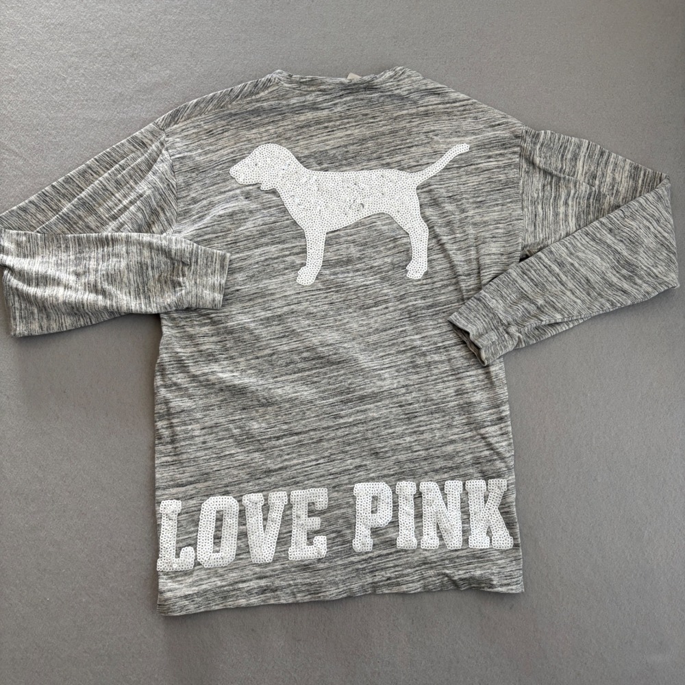 PINK Victoria's Secret Grey Space Dye Sequin Dog Long Sleeve Pocket Tee XS